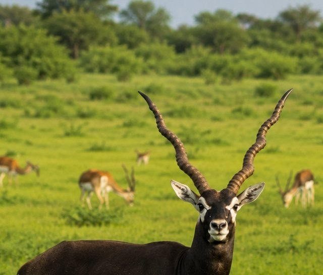 Blackbuck herd in the grasslands of Velavadar Blackbuck Sanctuary