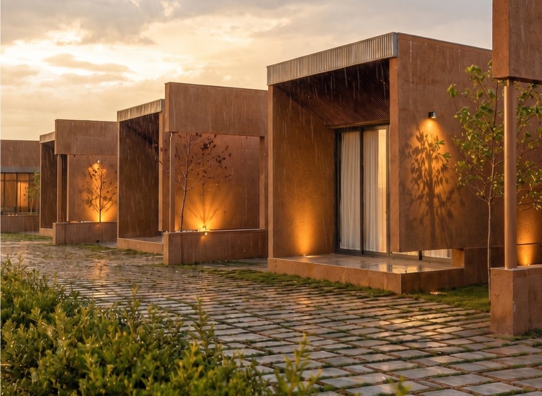 Golden Grass Resort cabins at dusk, Velavadar