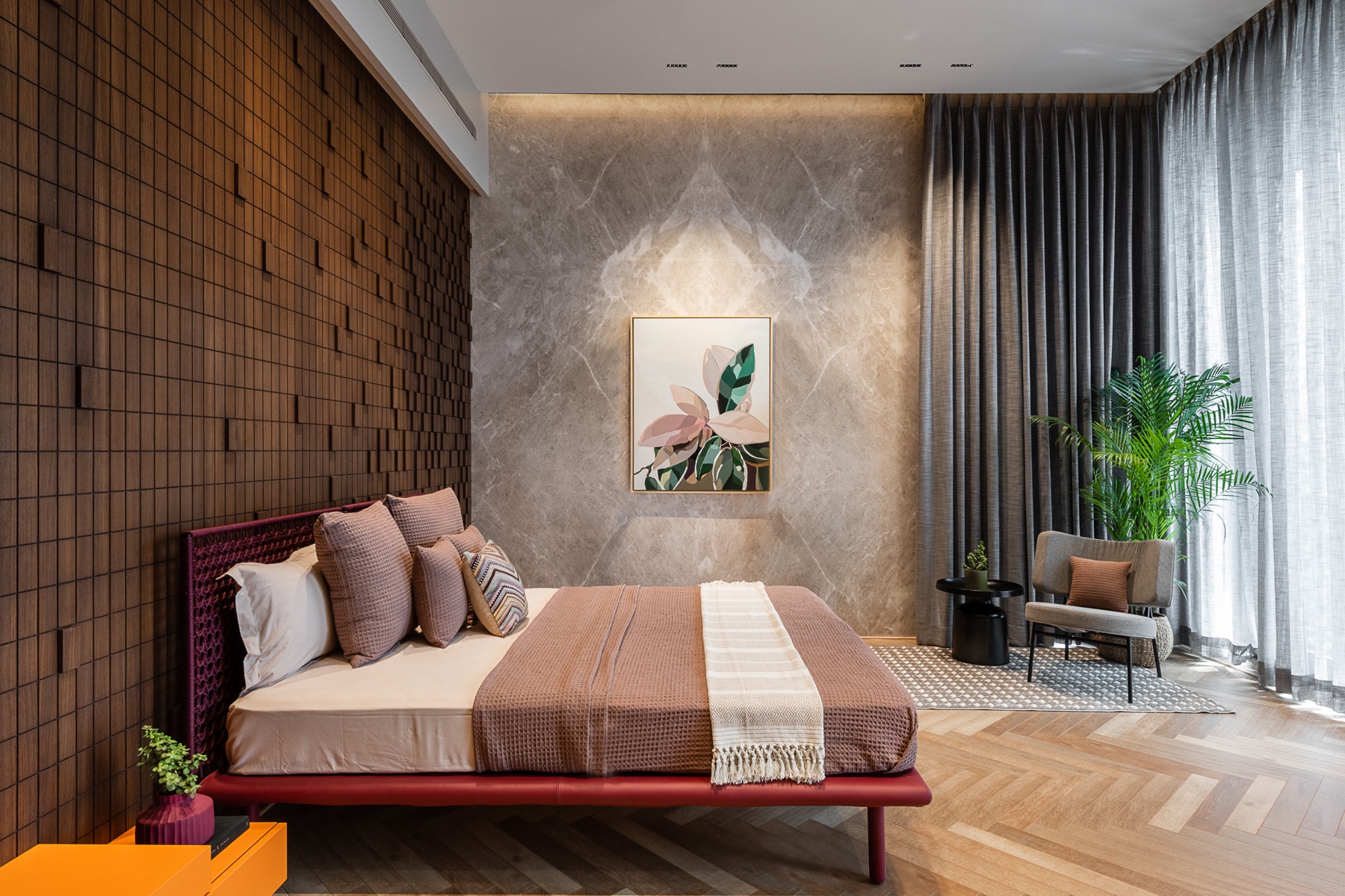 G.R. Asodaria bedroom with textured timber wall
