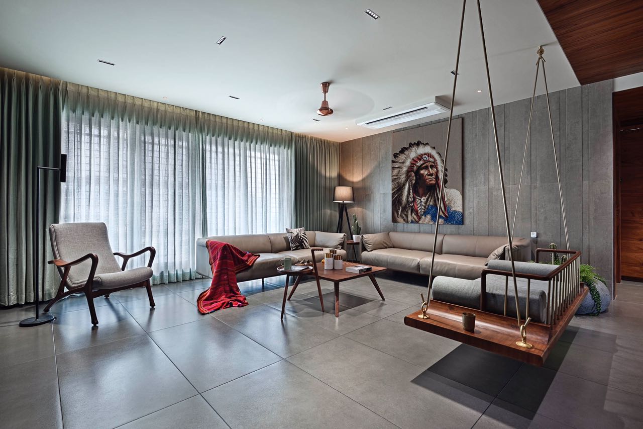 MA HOME living room from the window wall with sheer curtains, lounge chair and swing