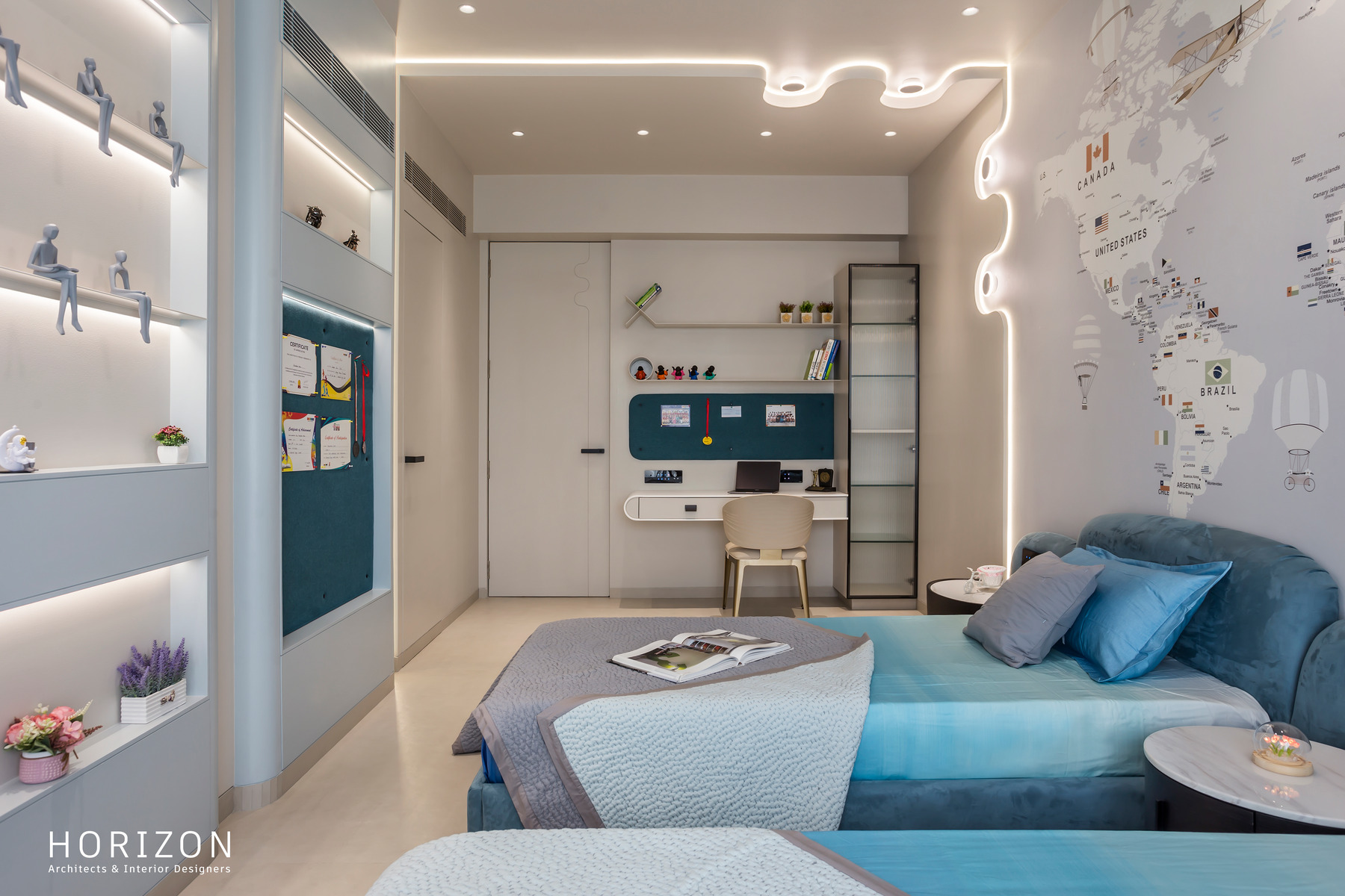 RAHUL BHAI HOME kids' room with LED-outlined shelving, study desk and blue bed
