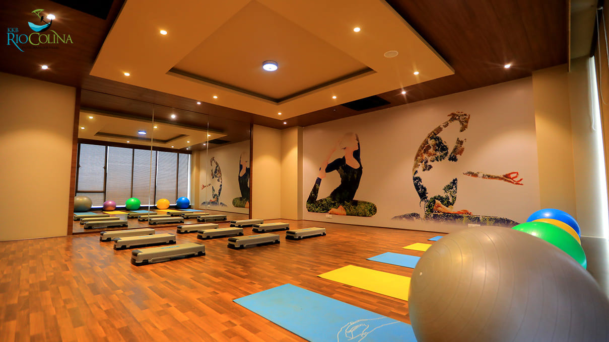 Yoga studio with mats, steps and mural
