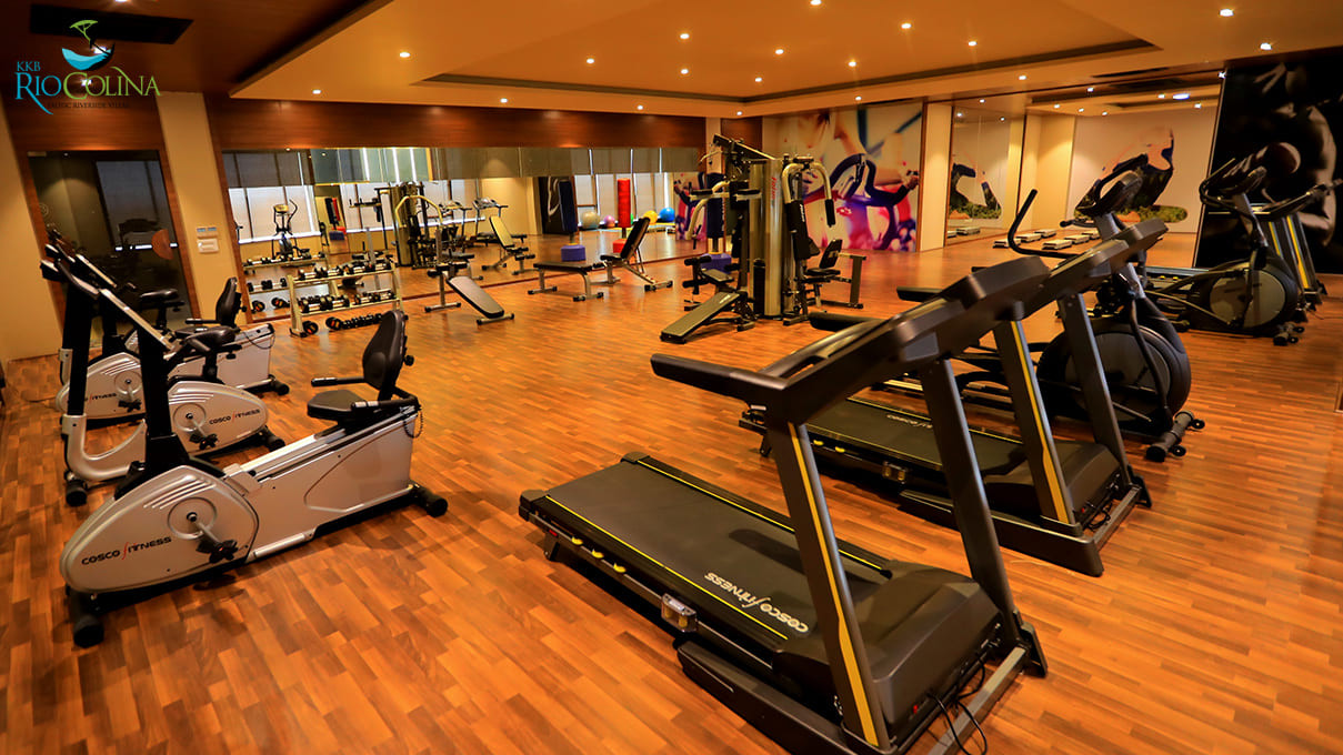Gym with treadmills, bikes and weight stations
