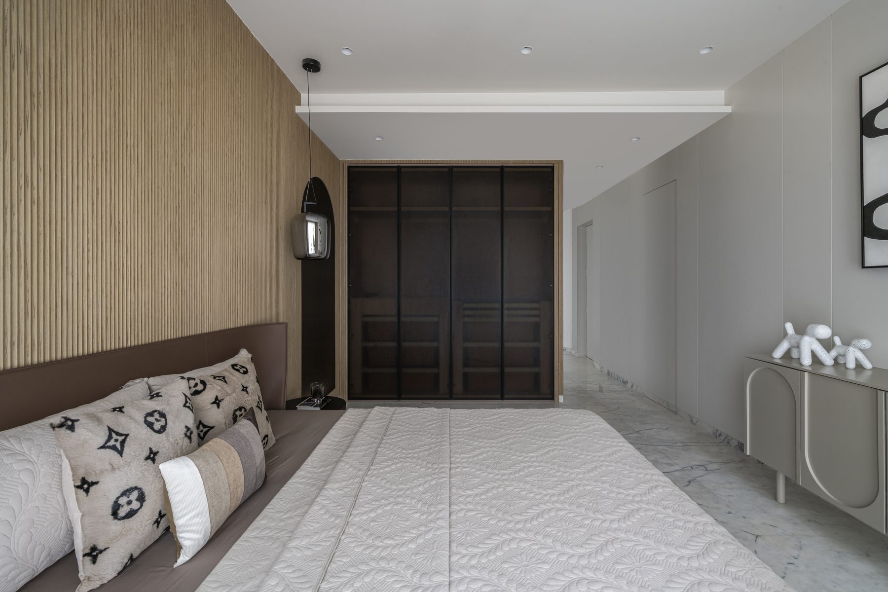 SACHIN BHAI HOME primary suite with smoked-glass wardrobe and arched console